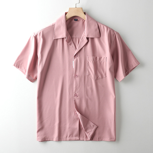 C710-5-L■ピンク/新品DCKMANY 高品質 メンズ 折り襟 半袖 シャツ カジュアル 薄手 無地 夏 トップス アウター おしゃれ シンプル