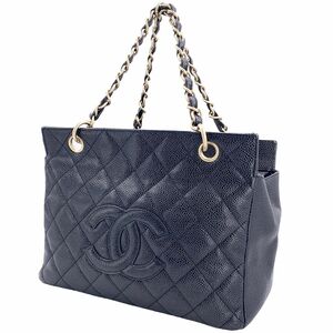 【中古】 CHANEL シャネル ミニチェーントートバッグ 黒 キャビアスキン ゴールド金具 6番台 マトラッセ ヴィンテージ 23040436 MK