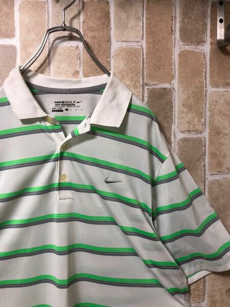 【NIKE】ゴルフ　DRI-FIT ポロシャツ　ボーダー　刺繍ロゴ　XL 半袖ポロシャツ