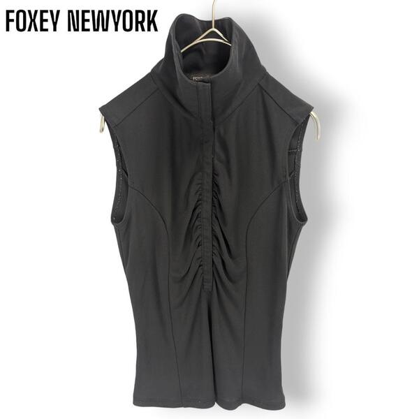 【美品】フォクシーニューヨーク FOXEY NEW YORK ノースリーブ ブラウス カットソー トップス プルオーバー タック ブラック レディース