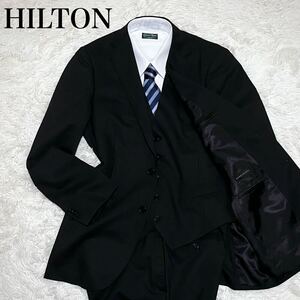 【漂う風格】ヒルトン　HILTON3ピース　セットアップ　スーツ　ストライプ　黒　YA7 XL 希少　大きめサイズ　2ボタン　センターベント