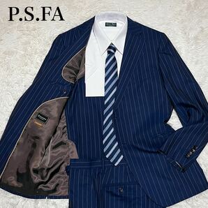 【抜群の存在感】パーフェクトスーツファクトリー P.S.FA セットアップ スーツ ウール ブルー ネイビー ストライプ Ｌ メンズの画像1