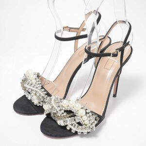 GO5816▽イタリア製*アクアズーラ/AQUAZZURA*38.5（24cm相当）ビジュー/フェイクパール*スエードレザー*アンクルストラップ サンダル*靴