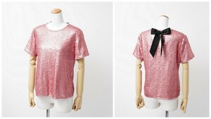 GL7855△ケイトスペード kate spade*スパンコール バックリボン クルーネック 半袖 カットソー*Tシャツ*トップス*ピンク×ブラック*S