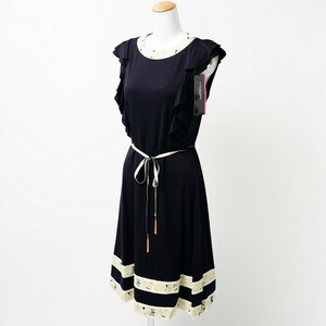 MF7939 美品*レオナール*定価11万円*無地×花柄*ワンピースドレス*アンダードレス/ハンガー付*ウエストリボン付*サイズ40*黒×クリーム系