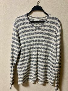 JUNRED ジュンレッド カットソー 長袖 Tシャツ L1サイズ オフホワイト＆ネイビー ストライプ柄