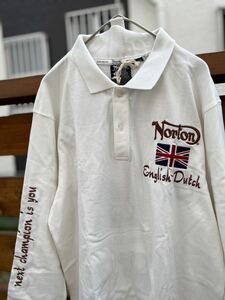 新品　Norton ノートン　豪華刺繍　ポロシャツ Lサイズ　白　バイカー　ツーリング　バイク　7部袖　イングランド