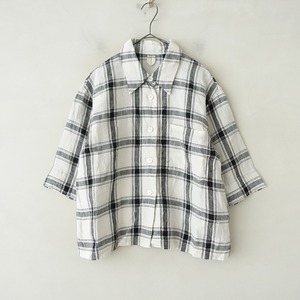 【定価3.0万】マーガレットハウエル MARGARET HOWELL *LARGE CHECK LINENシャツ*1ハーフスリーブ羽織白×黒(2-2403-357)【40D42】