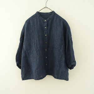 ネストローブ nest Robe *リネンバンドカラー7分袖パフスリーブシャツ*麻ブラウスインディゴ風ネイビー(33-2403-379)【40D42】