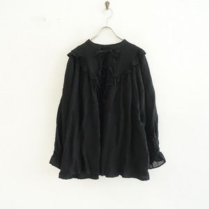 【美品/2023AW/定価2.8万】ネストローブ nest Robe *リネン×ボイル2wayフリルブラウス*F麻ブラック黒長袖(4-2403-115)【01D42】