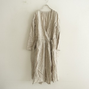 ネストローブ nest Robe *リネン総柄カシュクールワンピ―ス*F麻切替ギャザードレスリボンベージュカーキ(27-2403-166)【32D42】