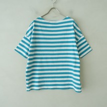 マイヨ maillot *ボーダードロップショルダーTシャツ*0カットソー半袖ボートネックライトグリーンブルー白(33-2403-920)【82D42】_画像1