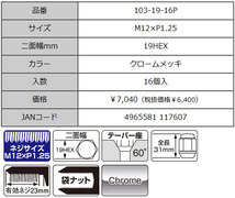 協永産業 KYO-EI ラグナット クロームメッキ M12×P1.25 19HEX 入数：1セット(16個) 103-19-16P②_画像3