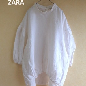 ●ZARAザラリネンプルオーバーブラウスL白●麻100％バルーン袖の画像1