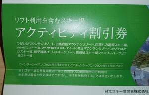 日本駐車場開発 株主優待券 アクティビティ割引券 １枚 有効期限：2024年シーズン終了まで　つがいけ 白馬岩岳 白馬八方尾根 めいほう 竜王