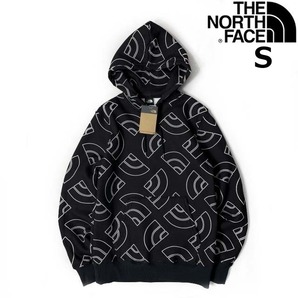 1円～!売切!【正規新品】THE NORTH FACE◆ALL OVER PRINT HOODIE パーカー US限定 裏起毛 ハーフドームロゴ 男女兼用(S)黒 総柄 181130-35の画像1