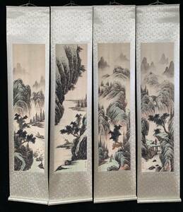 Art hand Auction k書画 書畫 收藏 唐寅【意境山水畫, 四條屏中堂畫—穀清邨茂 】手描き 国画 中國古美術品 時代物 置物 賞品 3.21, 美術品, 絵画, 水墨画