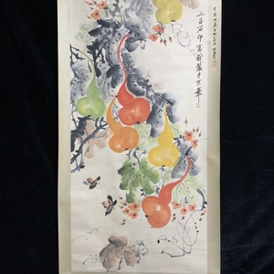 k 中國古畫 旧蔵 書画 書道 齊白石【手繪中堂畫 葫蘆 】 收藏 手描き 国画 中國古美術品 時代物 置物 賞品 4.15