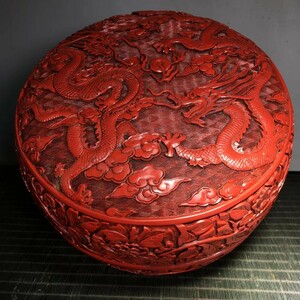 古代・ 珍品 收藏 【剔紅漆器 二龍戲珠寶盒 龍騰四海 天祿神獸 招財祥瑞】 極細工 置物 賞品 中国古美術品 時代物 4.15