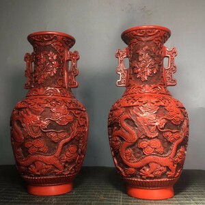 古代 剔紅漆器・ 珍品 收藏 【剔紅漆器 神龍花瓶一對 龍騰四海 天祿神獸 招財祥瑞 】 極細工 置物 賞品 中国古美術品 時代物 4.15