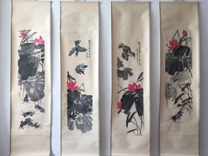 Art hand Auction k書画 書畫 收藏 齊白石【荷花 四條屏 手繪之作 一物一圖 】手描き 国画 中國古美術品 時代物 置物 賞品 3.21, 美術品, 絵画, 水墨画