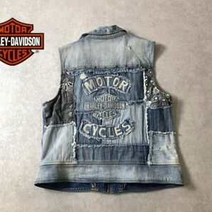 HARLEY DAVIDSON●パッチワーク デザイン デニム ライダース ジャケット ベスト●ハーレーダビッドソンの画像3