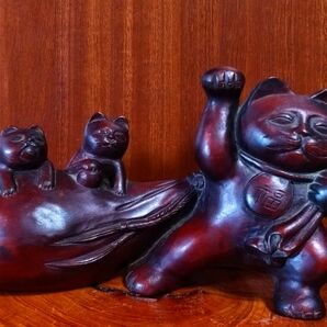 木彫りの招き猫 ３匹親子猫 アンティーク 美品