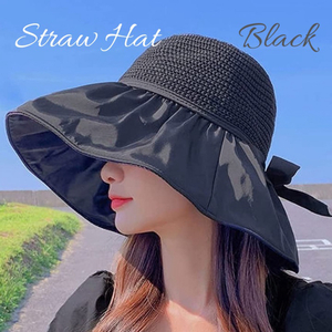 ブラック　麦わら帽子　日焼け対策　紫外線対策　韓国　帽子　レディース　ハット　遮熱　海　夏　人気　ウォーキング