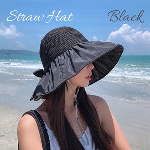 ブラック　麦わら帽子　日焼け対策　紫外線対策　韓国　帽子　レディース　ハット　遮熱　海　夏　人気　旅行