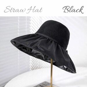 ブラック　麦わら帽子　日焼け対策　紫外線対策　韓国　帽子　レディース　ハット　遮熱　海　夏　人気　アウトドア
