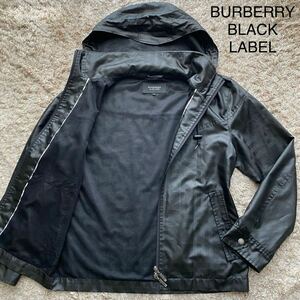 極美品●BURBERRYBLACKLABEL シャドーチェック バーバリーブラックレーベル ジャケット ブルゾン ナイロン ジップアップ フード収納可 黒