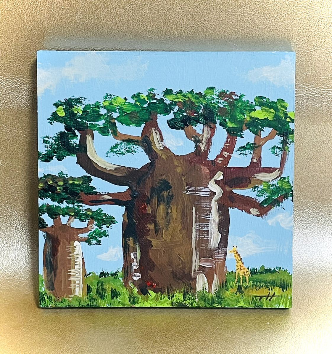 Tetsuya Hattori [Comparaison Baobab et Girafe] Peinture Acrylique Manuscrite Authentique Peinture de Paysage Afrique Nature Longévité Santé Art Moderne 10 cm Peinture, peinture, aquarelle, Nature, Peinture de paysage