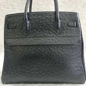 美品Les sacs adam ルサックアダム ゴールド金具 ベルトデザイン ハンドバッグ トートバッグレザー オーストリッチ ブラック 黒 本革 1円の画像3