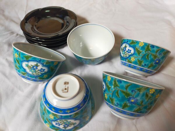第一陶器 翔山 美濃焼 湯呑 青彩唐草茶托付き煎茶揃 5客 食器 雑貨 レア 湯のみ 湯呑み 昭和 軽量 ブランド ヴィンテージ