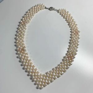 新品 pt プラチナ 本物 真珠 ネックレス 編込み 首飾り 系　ピンク ホワイト系