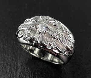 ★正規品カスタム★CHROME HEARTS クロムハーツ・新品仕上げ天然石/Pt・フローラルクロスリング・18号