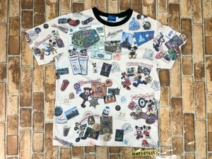 東京 DISNEY RESORT ディズニーリゾート メンズ レディース 総柄 プリント 半袖Tシャツ M ベージュ黒 ポリエステル綿