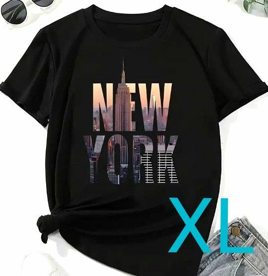 プリント　グラフィックT　NEWYORK 薄手　柔らか　半袖　Tシャツ 丈長め　速乾　黒　ブラック　大きいサイズレディース　XL