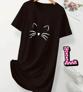 半袖 Tシャツ　ワンピース　Tシャツワンピ ロングワンピース　猫　プリント　猫フェイス　クルーネック　薄手　 速乾　ブラック　L　