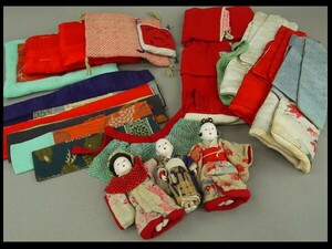 [a] era Japanese doll / legume doll / small ichimatsu doll three body together at that time. hand work doll for kimono etc. old cloth attaching P-52