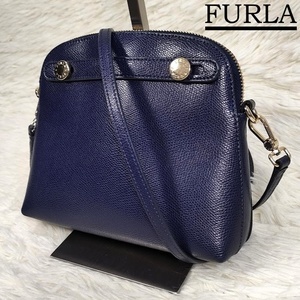 美品 フルラ FURLA パイパー ミニ ショルダーバッグ ポーチ 2WAY レザー ネイビー 金具ゴールド レディース 斜め掛け