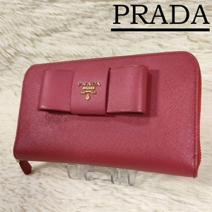 美品 PRADA プラダ 長財布 ラウンドファスナー サフィアーノ レザー ピンク リボン ロゴ金具 ゴールド 大容量