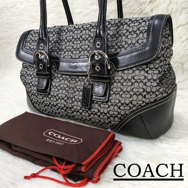 美品 COACH コーチ ミニシグネチャー ハンドバッグ キャンバス レザー ブラック グレー 7080 保存袋付き ソーホー フラップ サッチェル