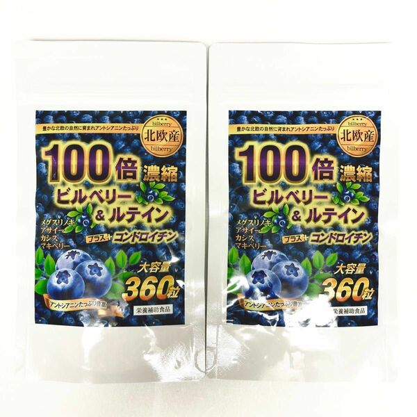 ☆期間限定価格！！☆スマホ疲れの目に☆北欧産☆『100倍濃縮 ビルベリー＆ルテイン コンドロイチン 約6ヵ月分 360粒』×2袋♪