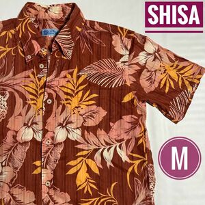 シーサー　SHISA　かりゆしウェア　M　半袖　シャツ　花柄　葉柄　茶　総柄　日本製