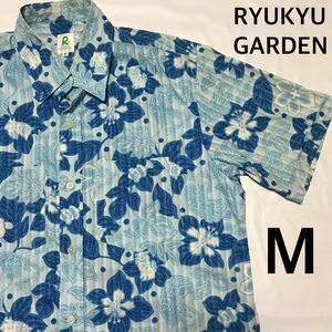 RYUKYU GARDEN かりゆしシャツ　M　半袖　花柄　総柄　青　アロハ　シーサー　日本製