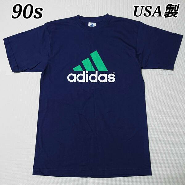 ■レア古着 希少 90s USA製 adidas アディダス 半袖Tシャツ デカロゴ プリント ネイビー 紺緑白 M 90年代 VINTAGE ヴィンテージ ビンテージ