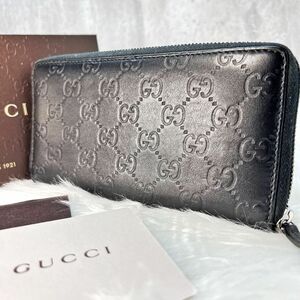 極美品 GUCCI グッチ 長財布 GGシマ 307987 ラウンドファスナー ブラック レザー 本革 黒 メンズ レディース