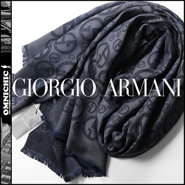 総GAモノグラムロゴ格上感抜群■贅沢の極/新品10万【GIORGIO ARMANI】ネイビーの濃淡が立体感を演出、伊製シルク混大判ストール180㎝×67㎝