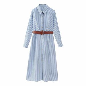  lady's tops long sleeve shirt One-piece long height feel of .. belt attaching blue 